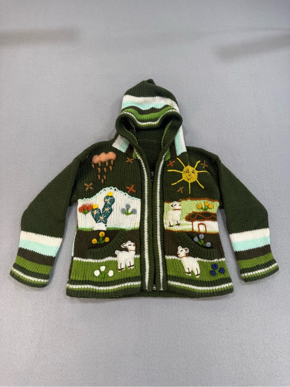 Kids Green Peruvian Hooded Zip Sweater with Farm Animal Appliqués 3T